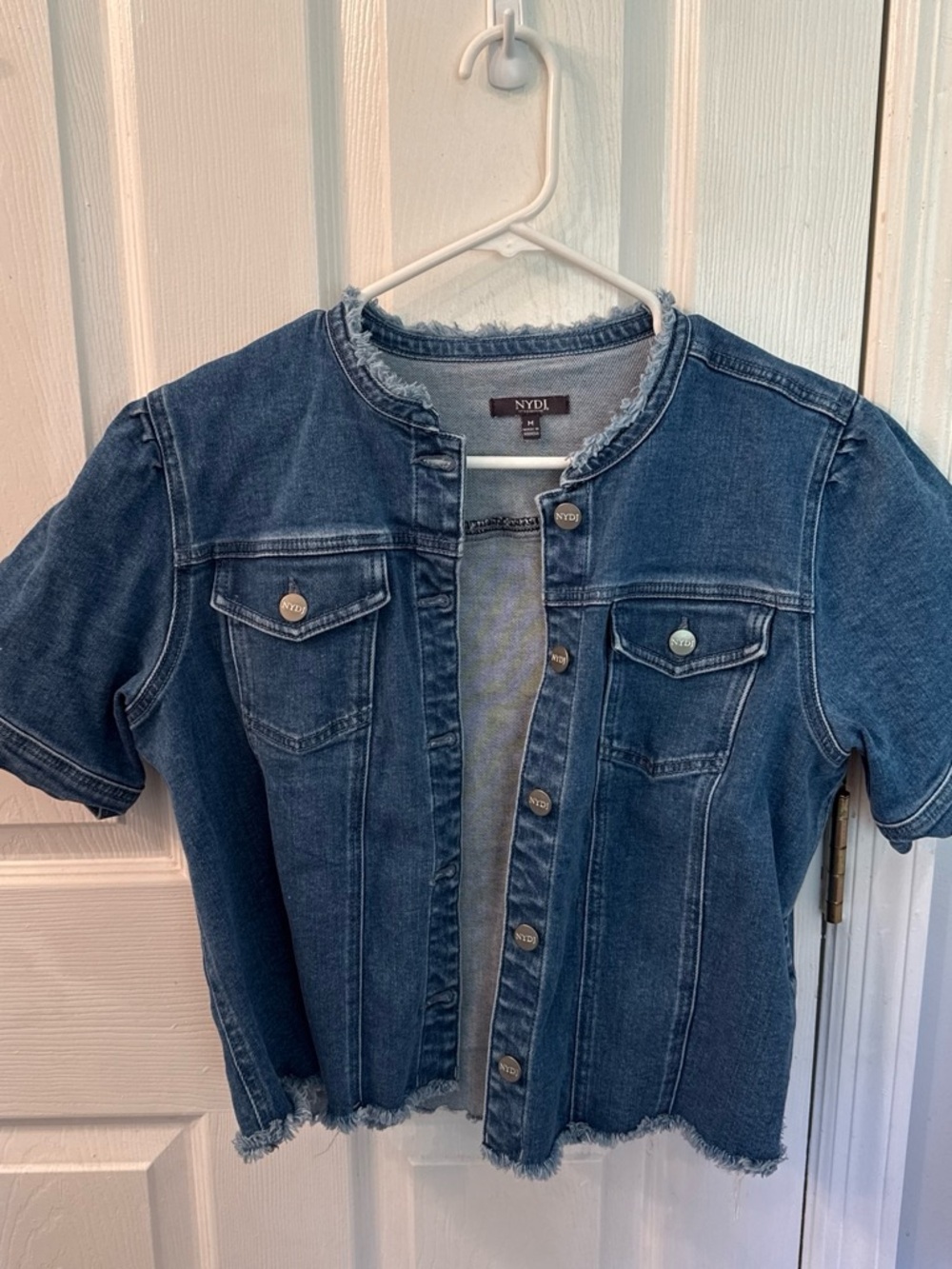 NYDJ Dark Blue Denim Short Sleeve Jacket with Fringed Hem